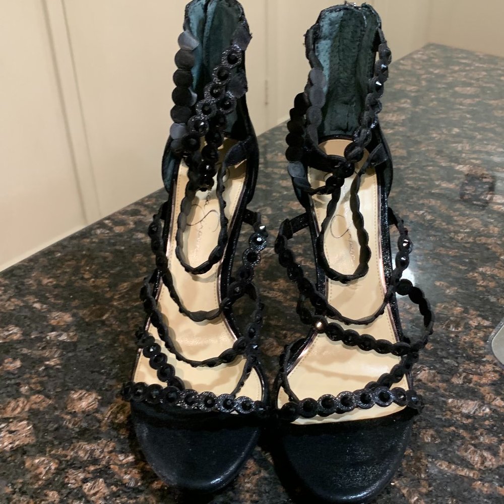 Gently Pre-Owned WMNS Jessica Simpson Black Jezalynn Sparkle Open Toe Sandals